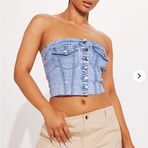 Denim Blue Strapless Button-Up Top
